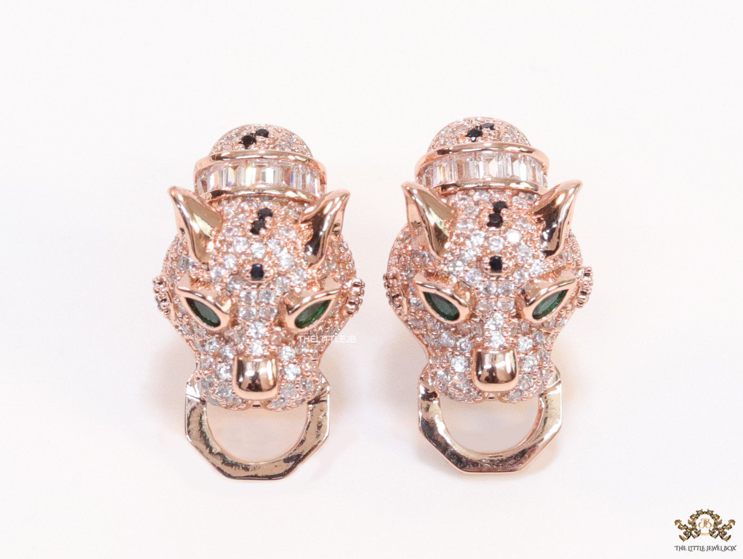 Cz panther face clip on studs in rose gold