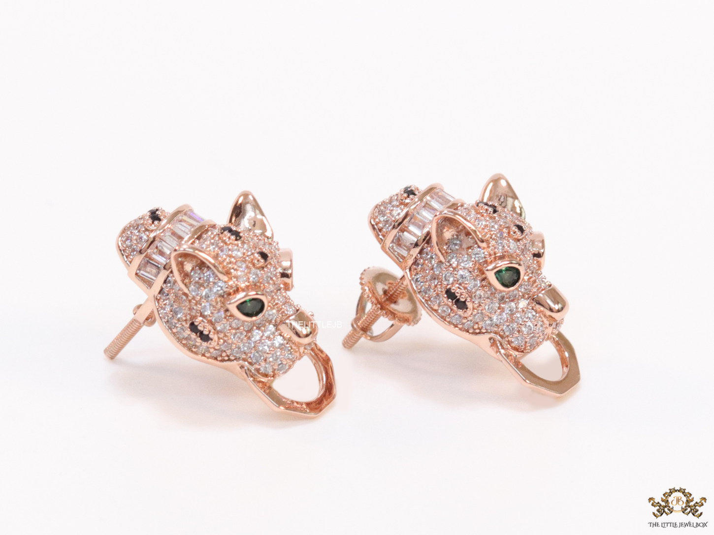 Cz panther face clip on studs in rose gold