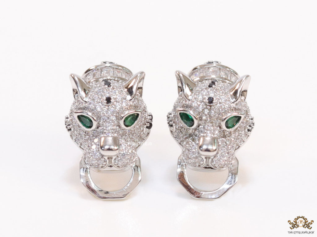 Cz panther face clip on studs in platinum finish