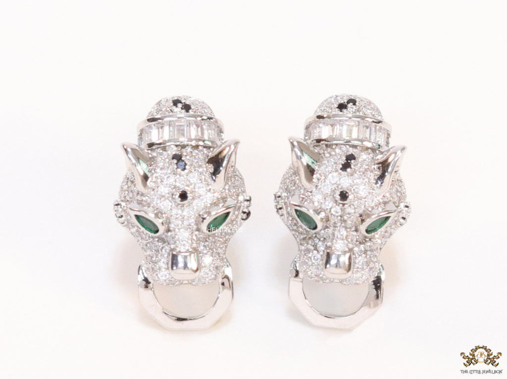 Cz panther face clip on studs in platinum finish