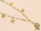 Gold plated link chain necklace with charms- snake, star fish, saturn, snail shell, Sun n Moon
