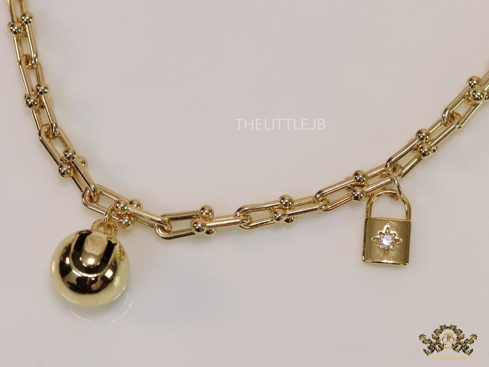 Gold plated padlock and chime necklace