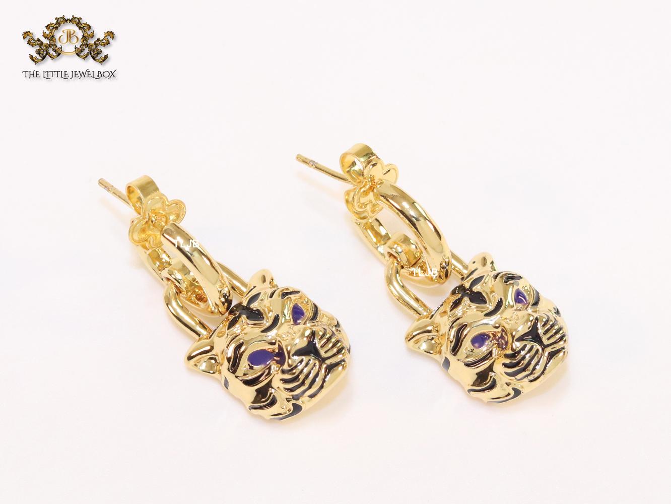 Gold & black tiger face danglers