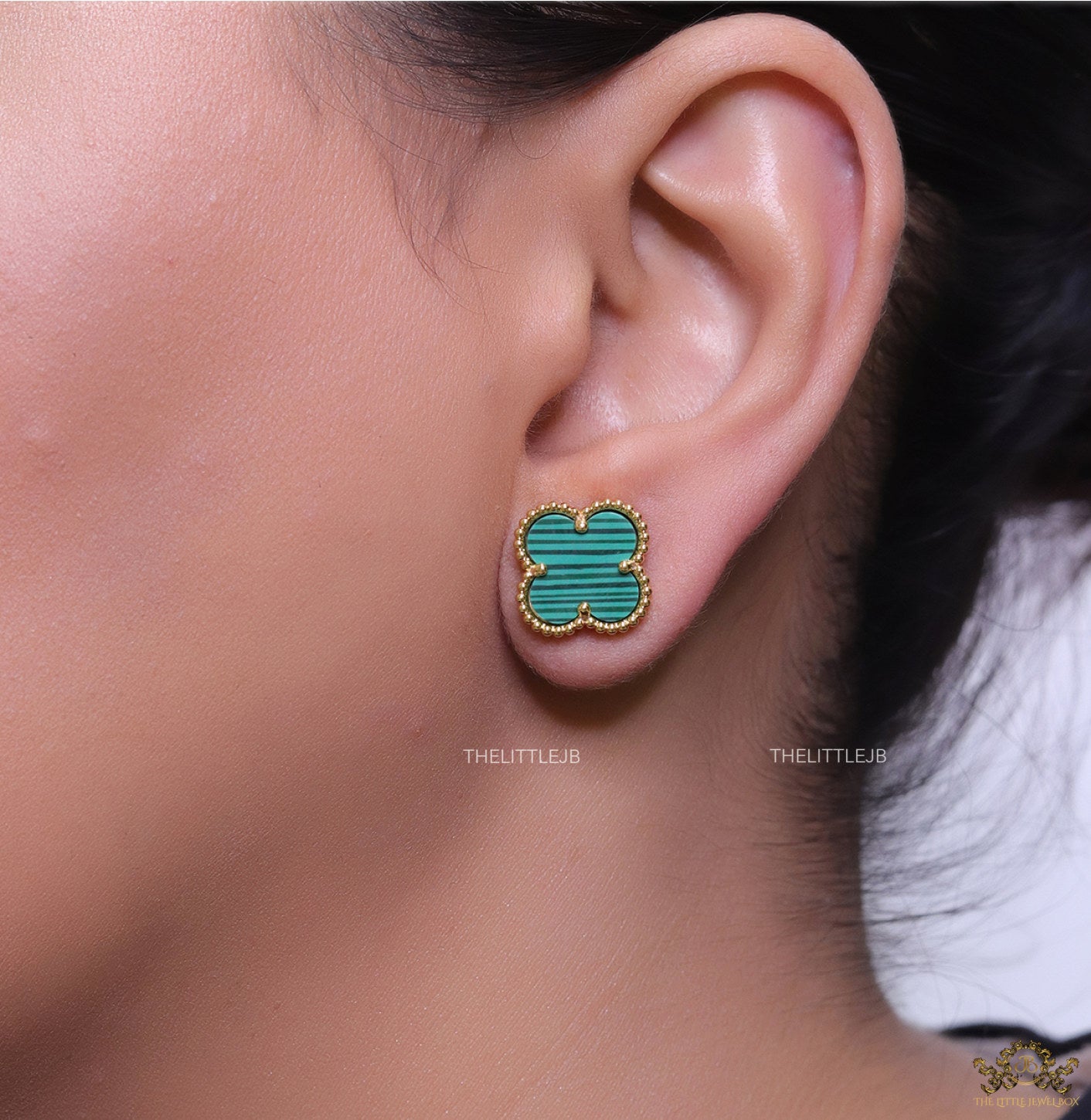 Malachite green clover stud earrings in gold finish