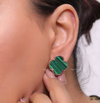 Malachite green clover stud earrings in rose gold plating