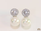 Platinum plated round cz earrings with pearl drop