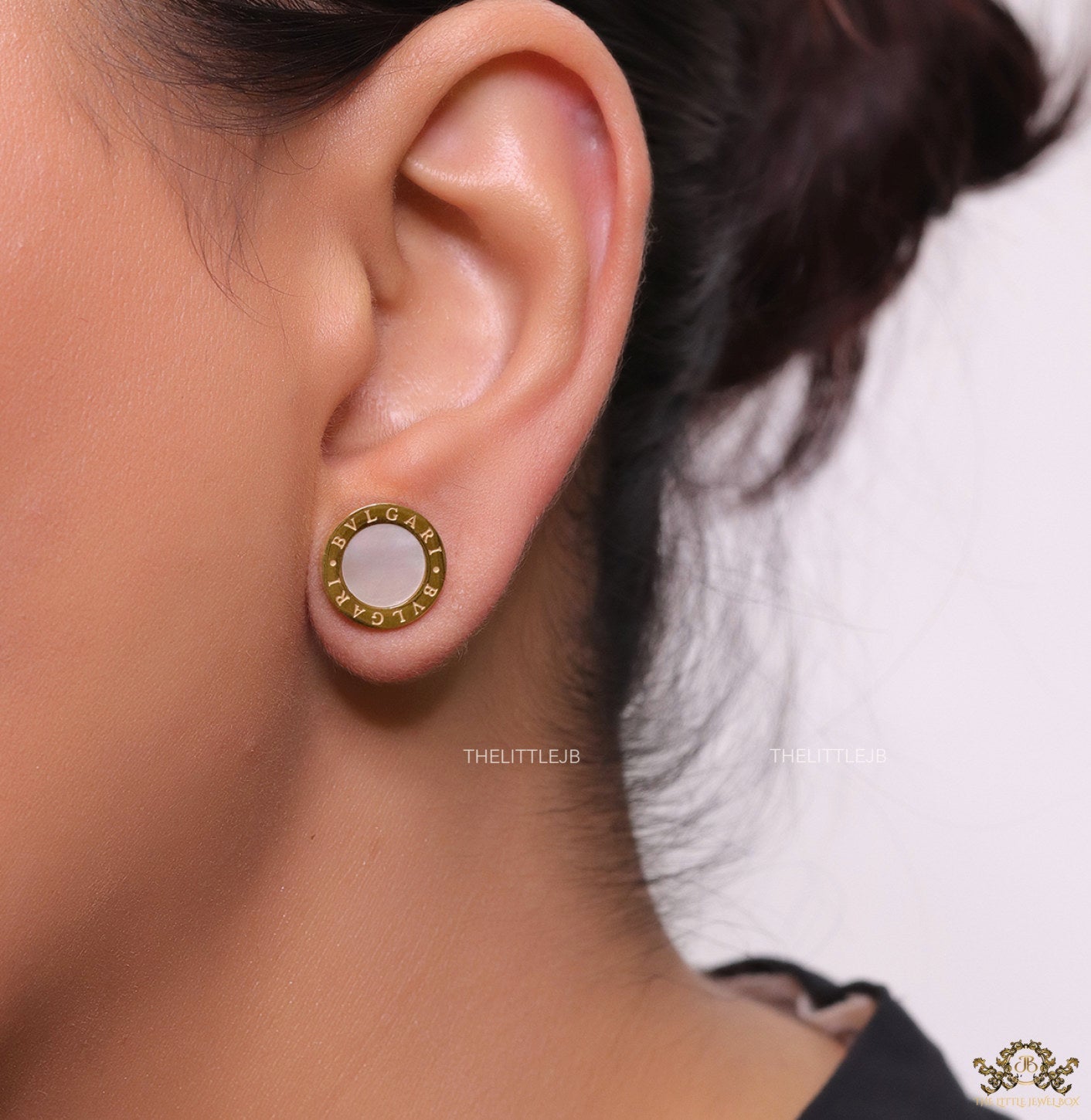 Alphabet inscribed golden stud earrings with MOP