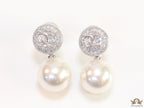 Platinum plated round cz earrings with pearl drop