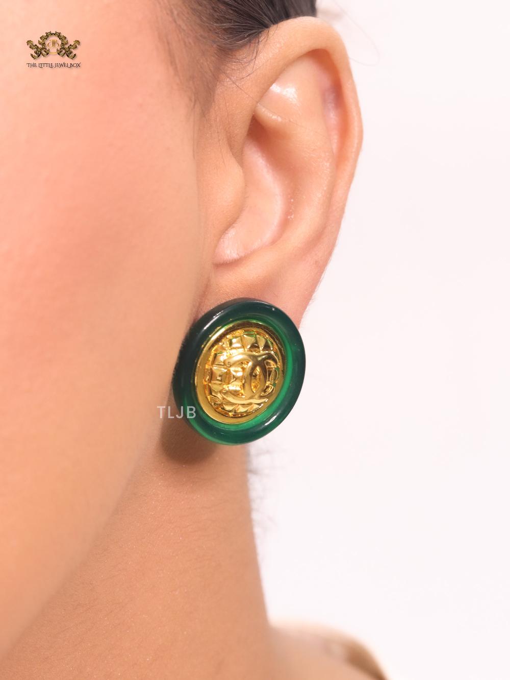 Double C gold and green enamel studs