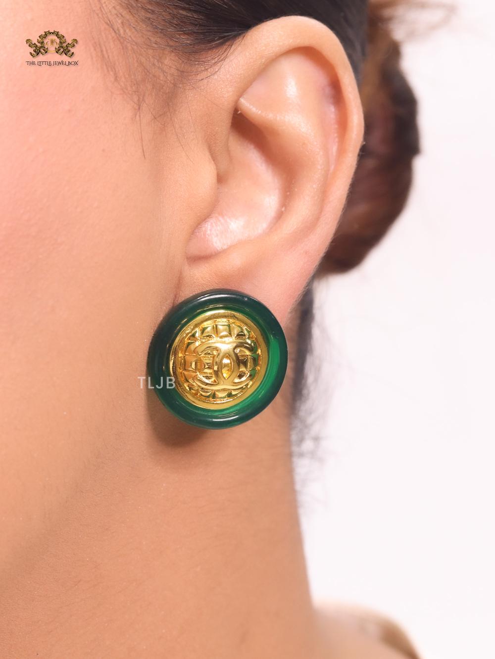 Double C gold and green enamel studs