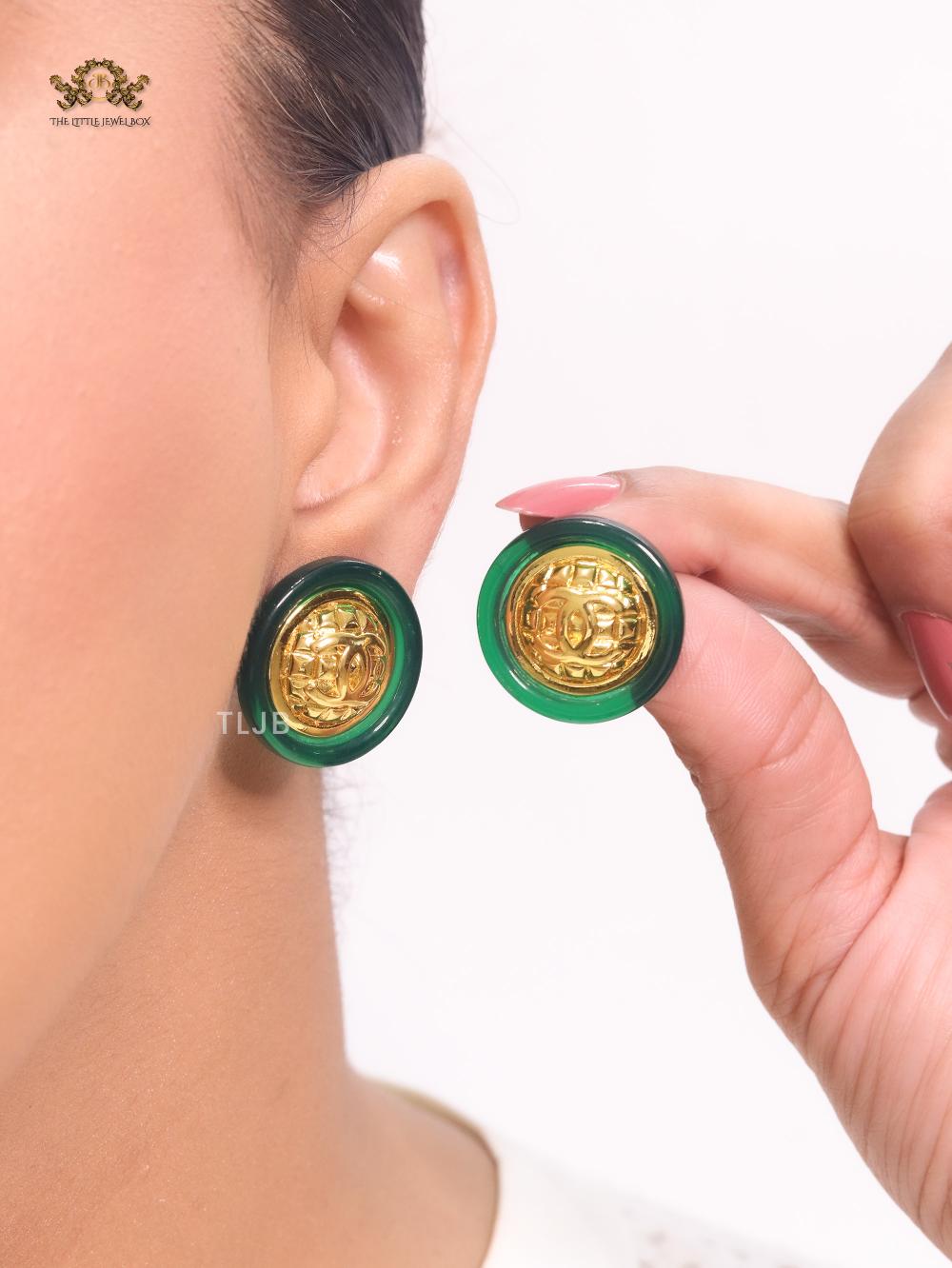 Double C gold and green enamel studs