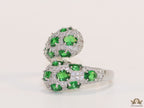 Top open platinum plated white and green cz ring
