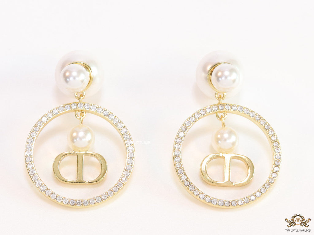Pearl bomber studs with golden cz alphabet ring drop