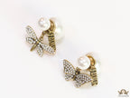 Pearl bomber studs with cz butterfly and alphabet drops