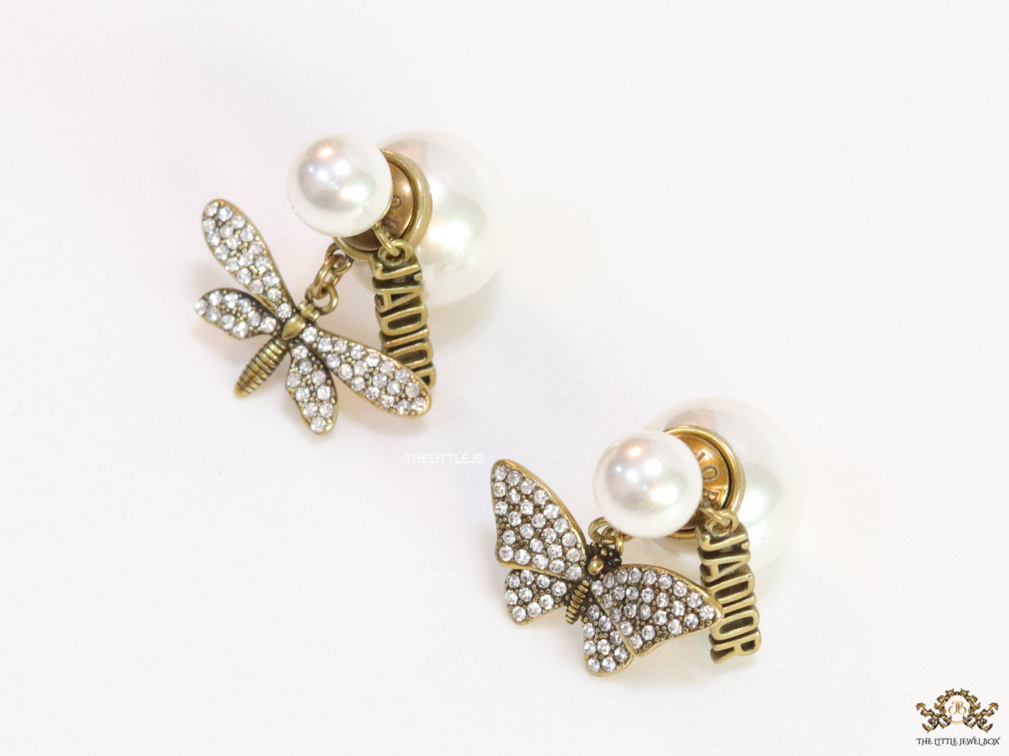 Pearl bomber studs with cz butterfly and alphabet drops