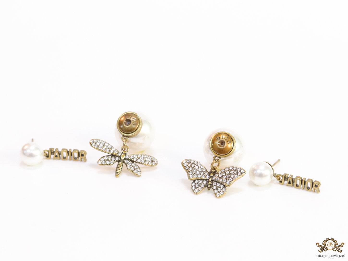 Pearl bomber studs with cz butterfly and alphabet drops
