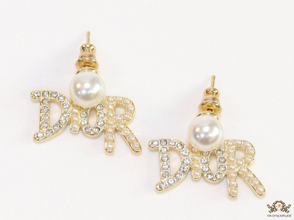 Gold plated pearl studs with cz alphabet drops