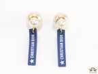 Blue silicon lapel drops with branding on pearl bomber studs