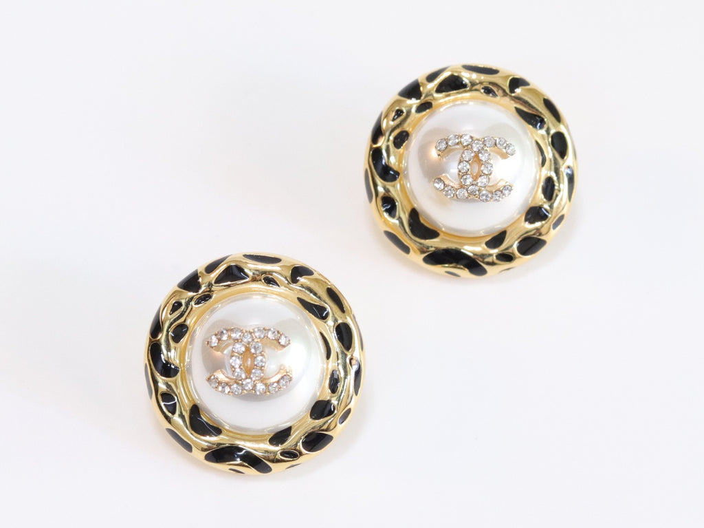 Gold double C CZ round black enamel studs