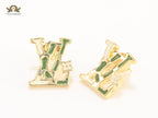 Alphabet L & V gold studs with white enamel