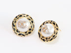 Gold double C CZ round black enamel studs