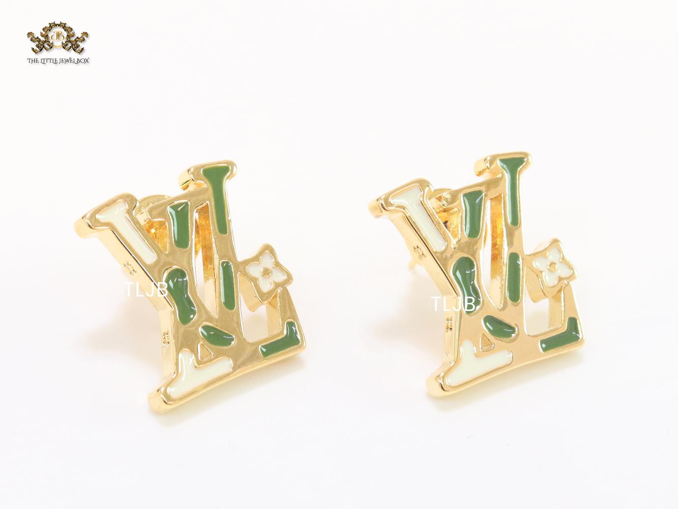 Alphabet L & V gold studs with white enamel