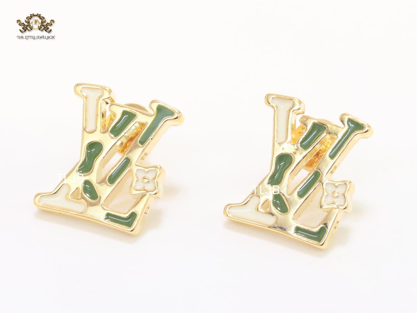 Alphabet L & V gold studs with white enamel