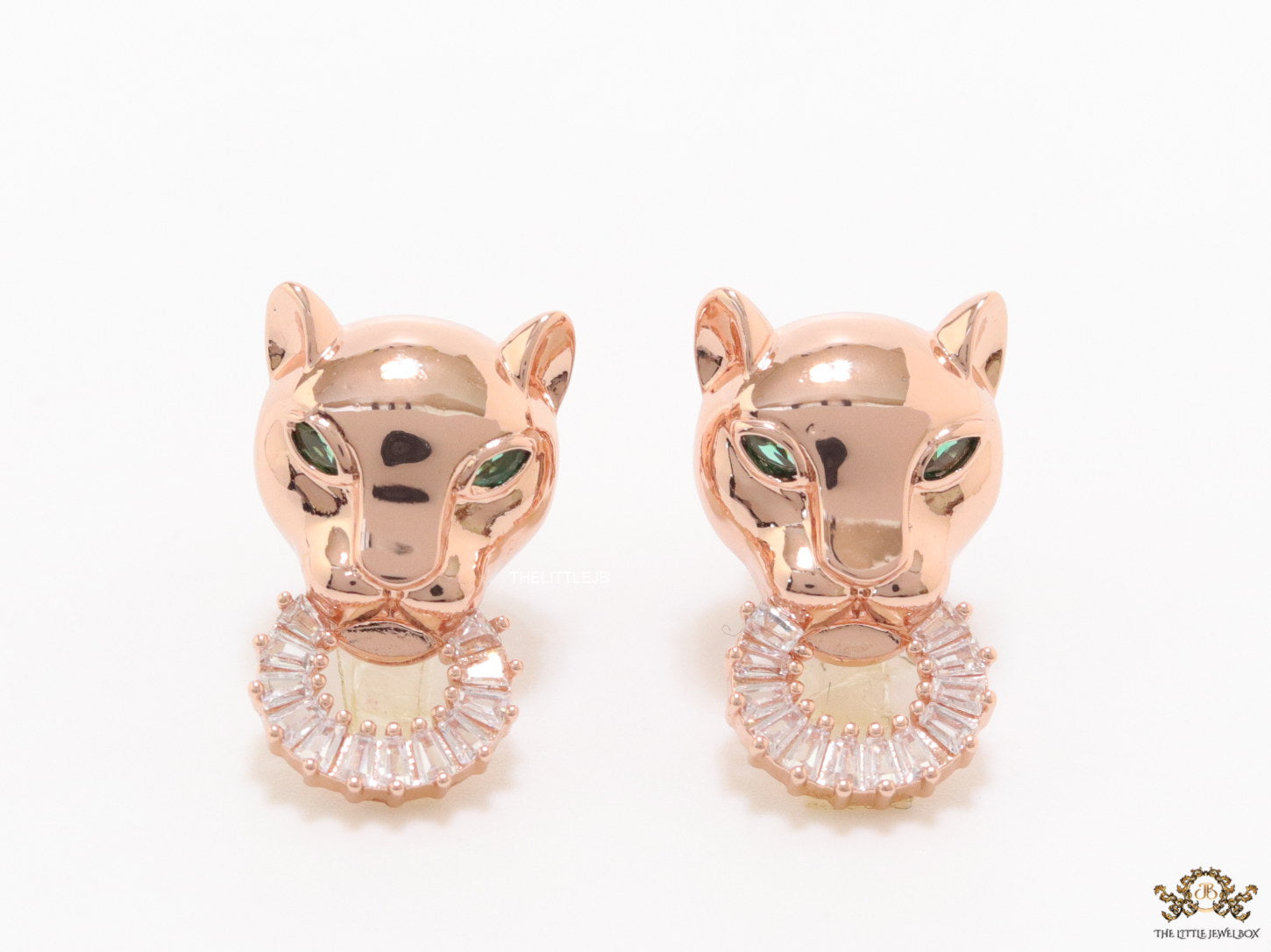 Rose gold panther face studs with cz baguette ring
