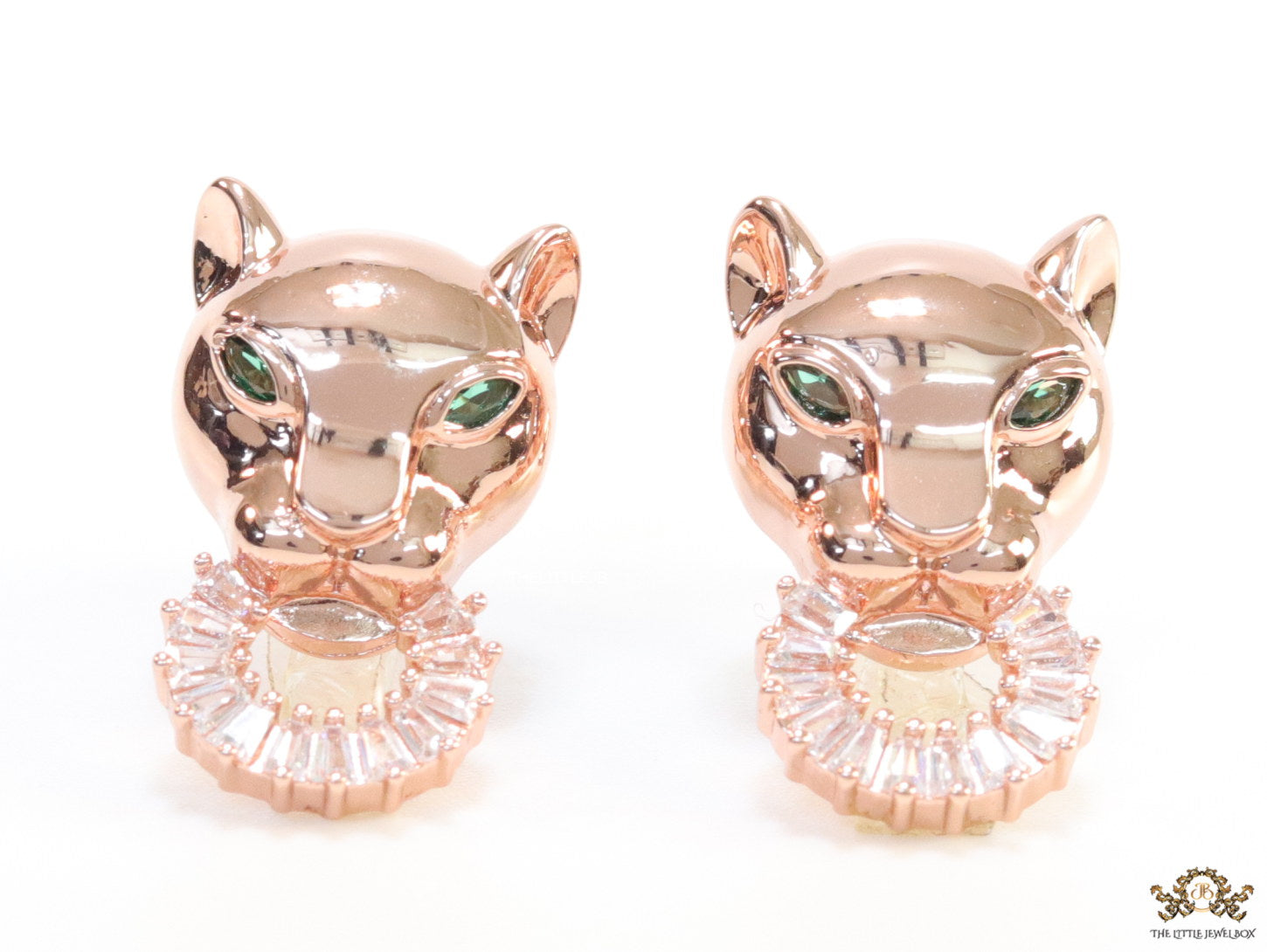 Rose gold panther face studs with cz baguette ring