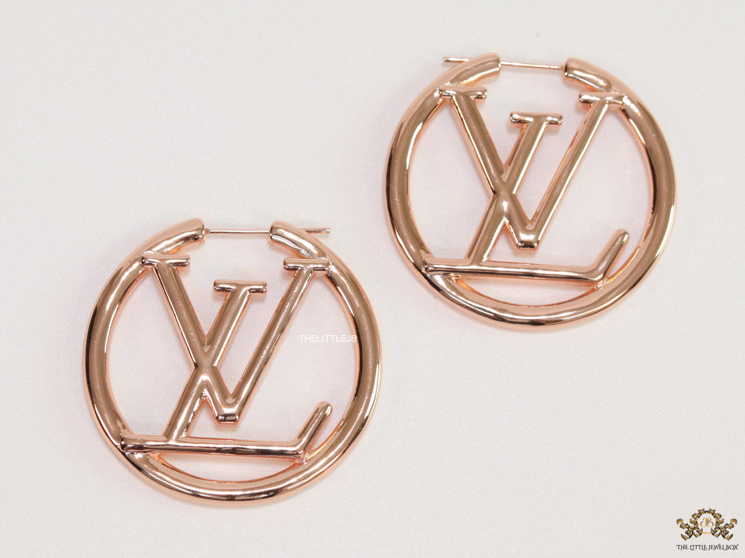 Rose Gold plated L and V alphabet hoops 40 mm