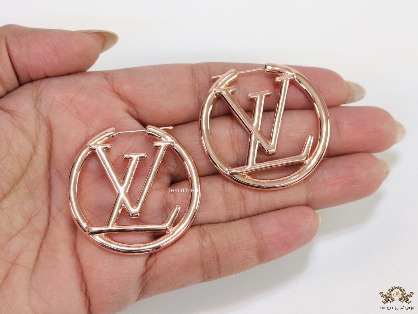 Rose Gold plated L and V alphabet hoops 40 mm