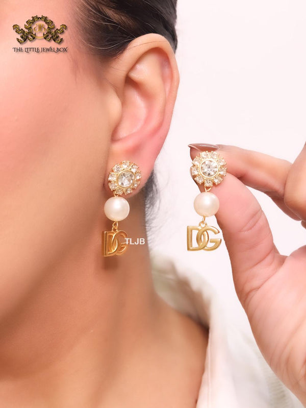 Alphabet DG gold, pearl and cz earrings