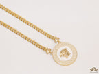 Gold plated thick chain necklace with white and golden Medusa pendant