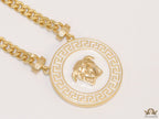Gold plated thick chain necklace with white and golden Medusa pendant