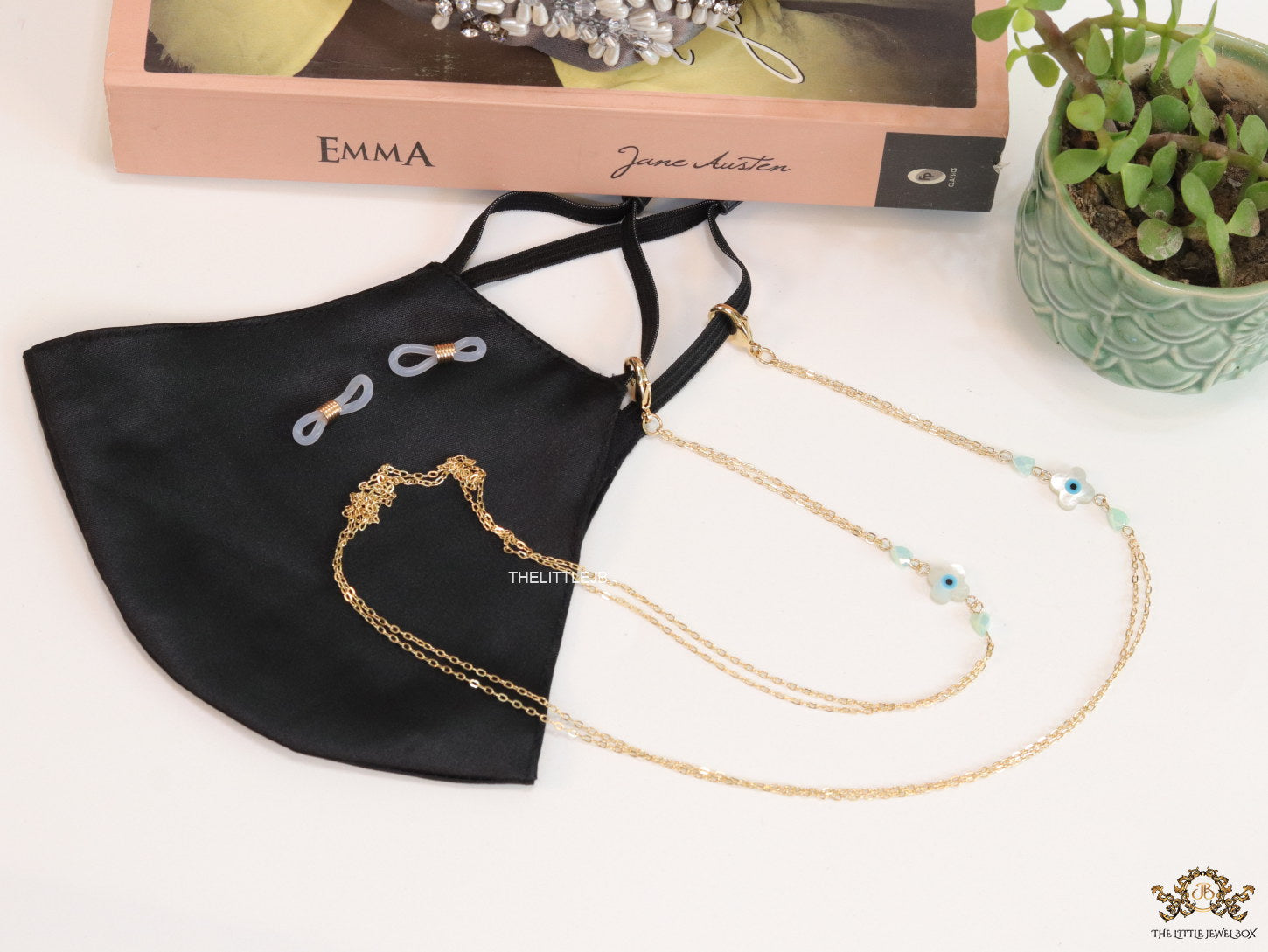 Golden mask chains with MOP evil eye clovers