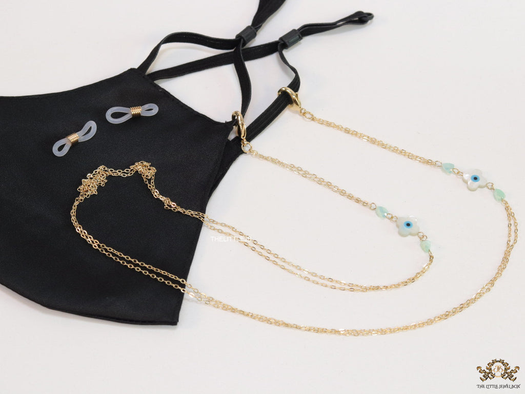 Golden mask chains with MOP evil eye clovers