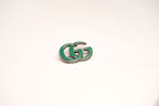 Antique Silver Double G Green Enamel Brooch Pin | Luxury Designer Style Fashion Jewelry