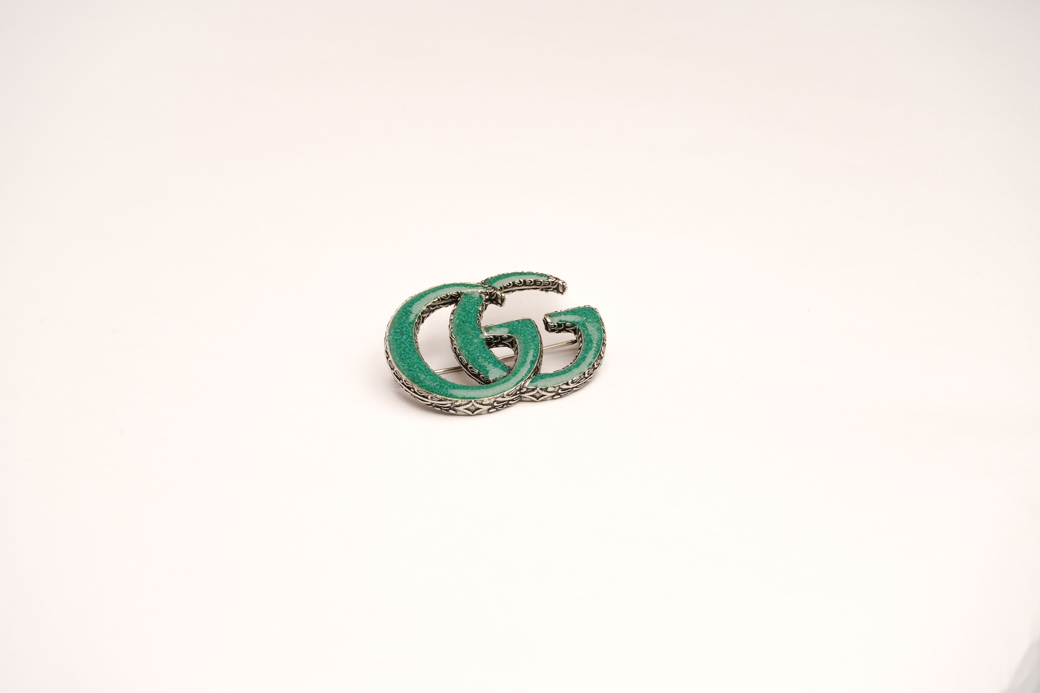 Antique Silver Double G Green Enamel Brooch Pin | Luxury Designer Style Fashion Jewelry