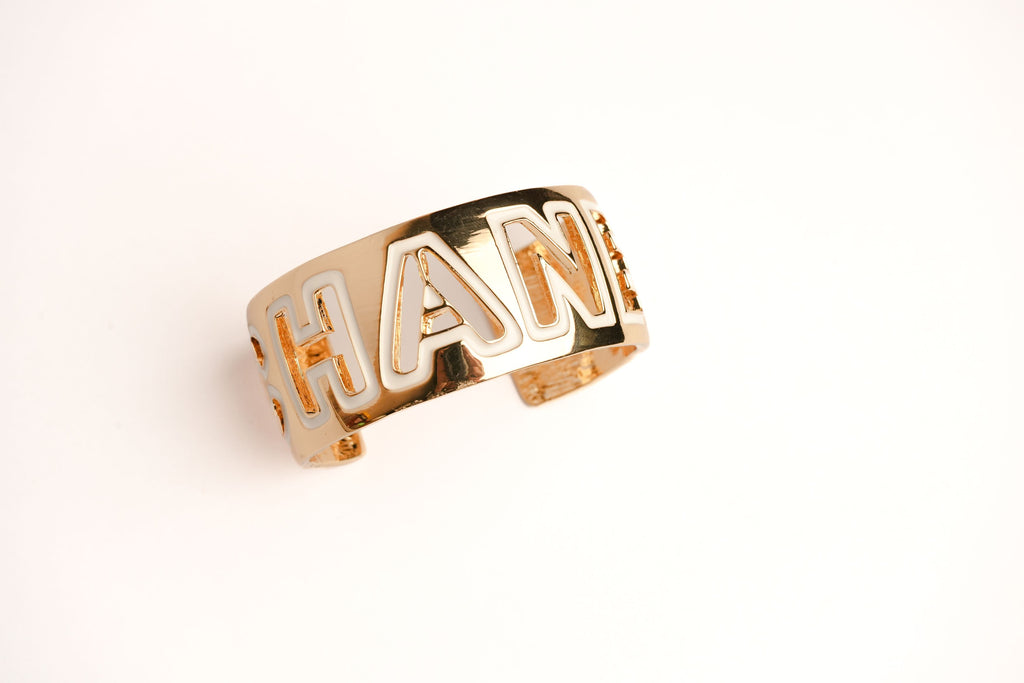Alphabet C Broad Cuff Bracelet with White Enamel Gold Plating | Designer Fashion Bangle
