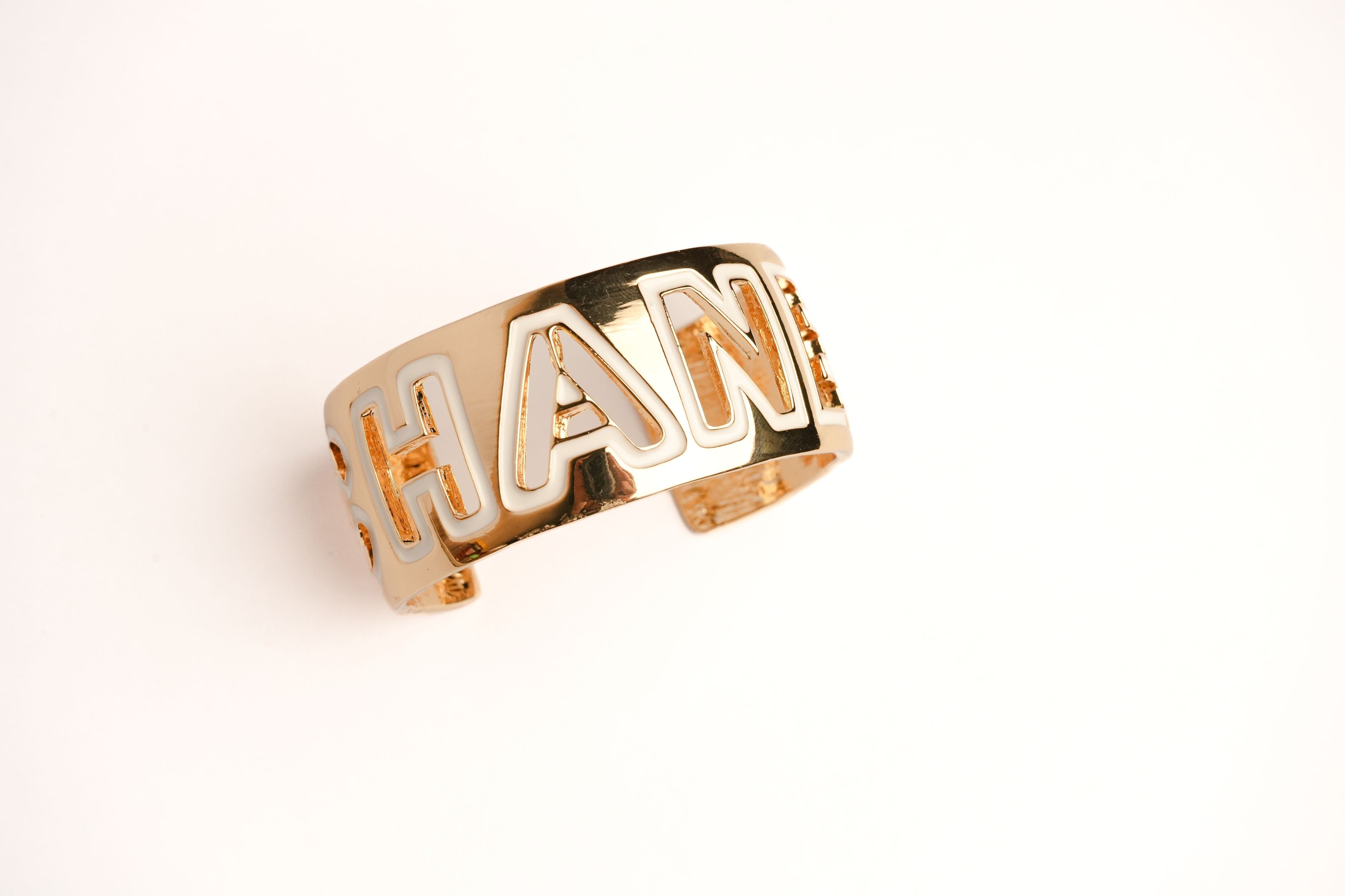 Alphabet C Broad Cuff Bracelet with White Enamel Gold Plating | Designer Fashion Bangle