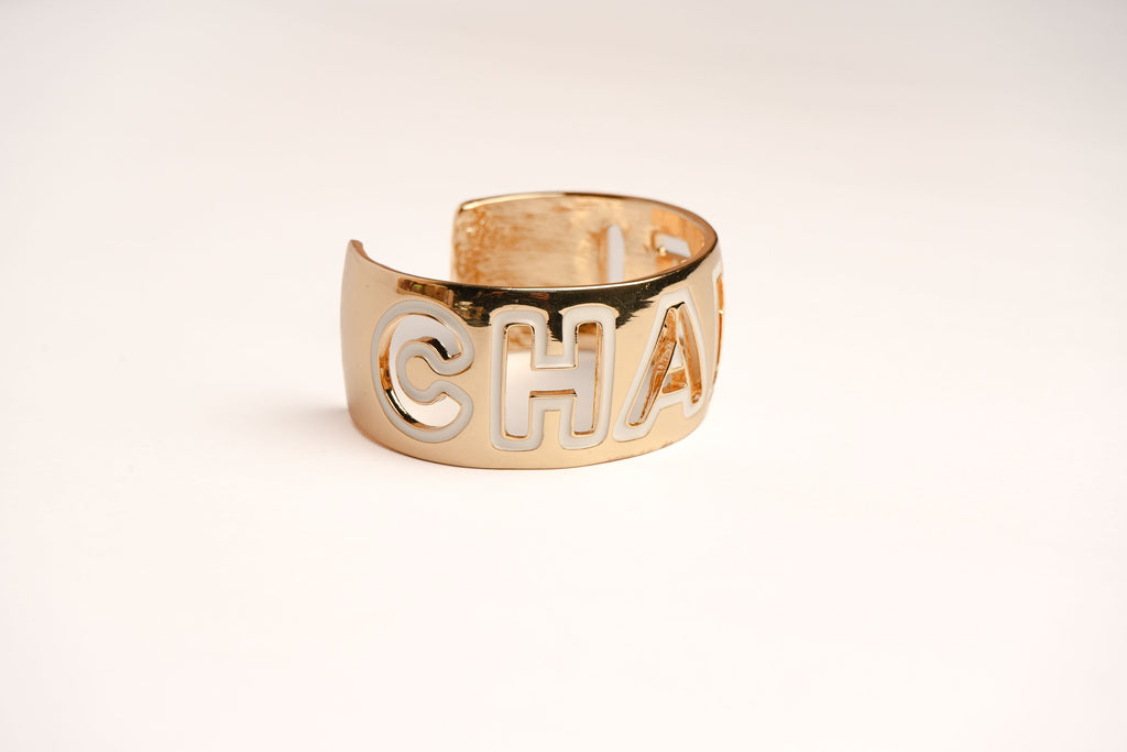 Alphabet C Broad Cuff Bracelet with White Enamel Gold Plating | Designer Fashion Bangle