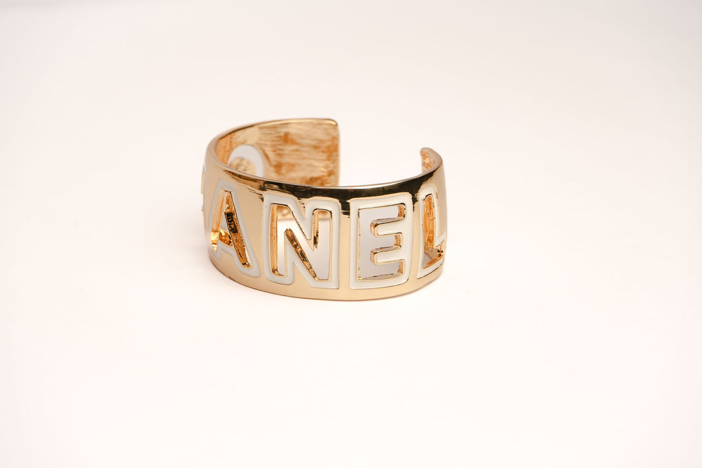 Alphabet C Broad Cuff Bracelet with White Enamel Gold Plating | Designer Fashion Bangle