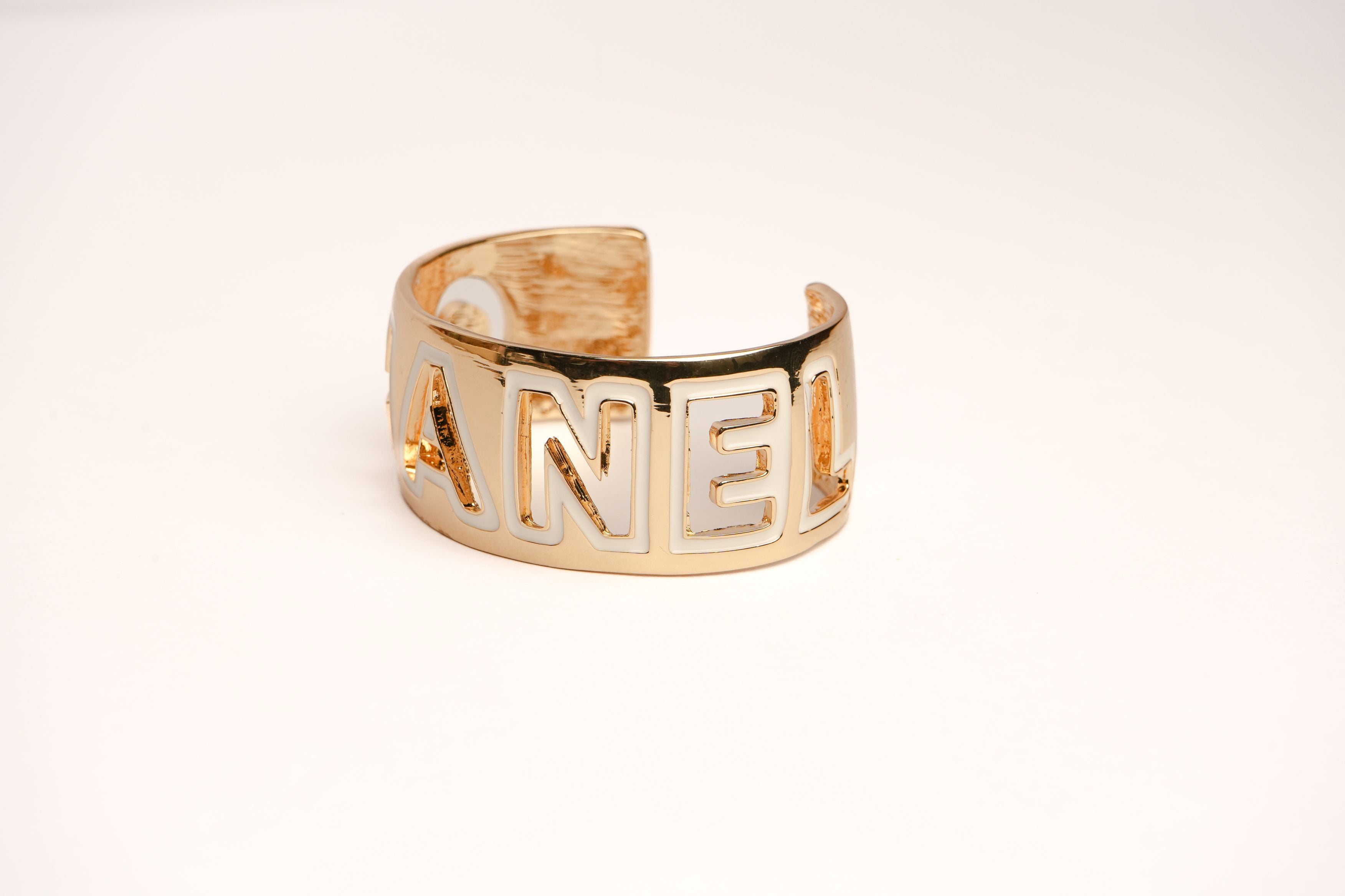 Alphabet C Broad Cuff Bracelet with White Enamel Gold Plating | Designer Fashion Bangle