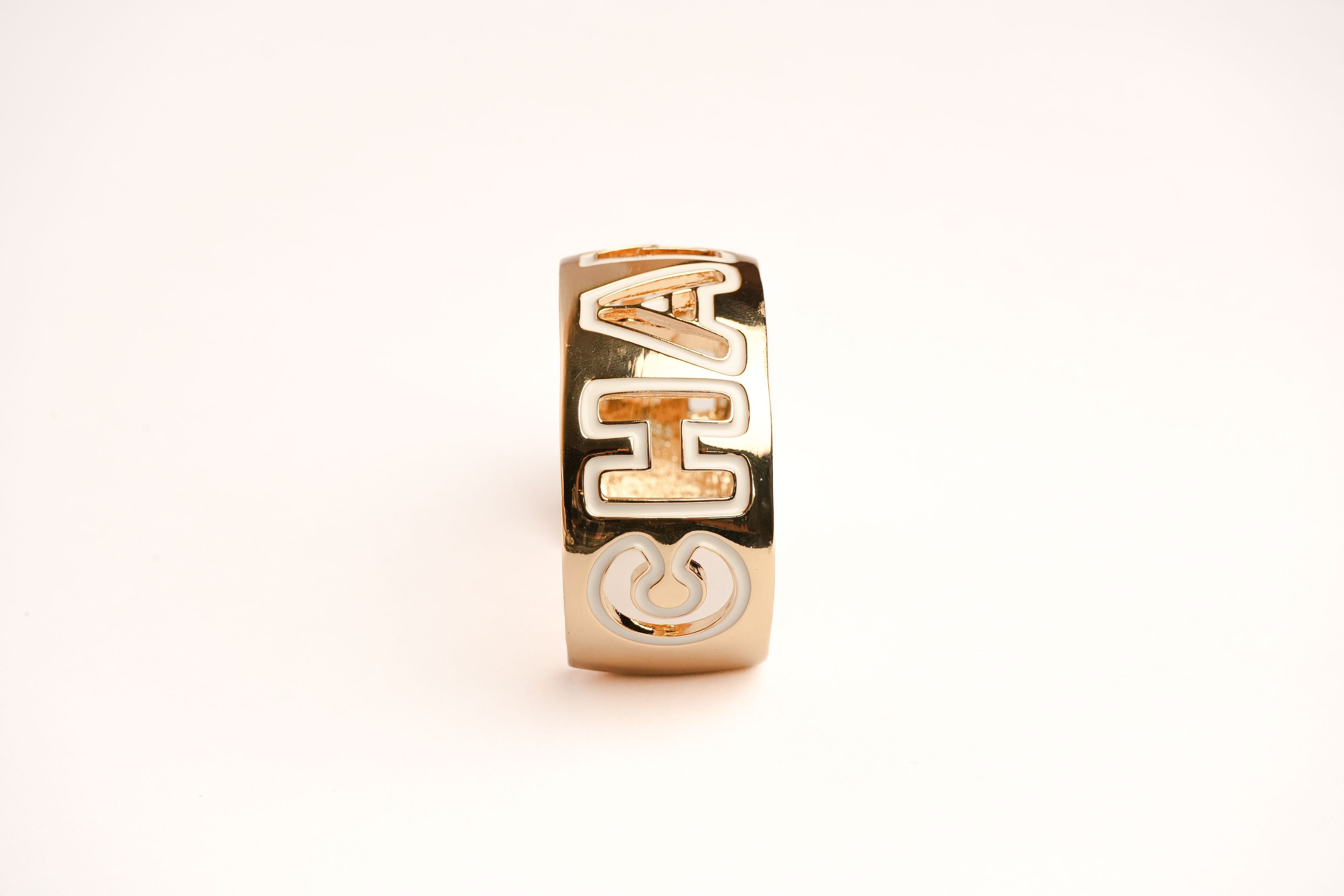 Alphabet C Broad Cuff Bracelet with White Enamel Gold Plating | Designer Fashion Bangle