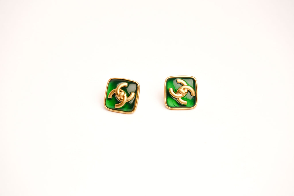 Double C Green Stone Square Studs in Matt Gold | Fashion Earrings
