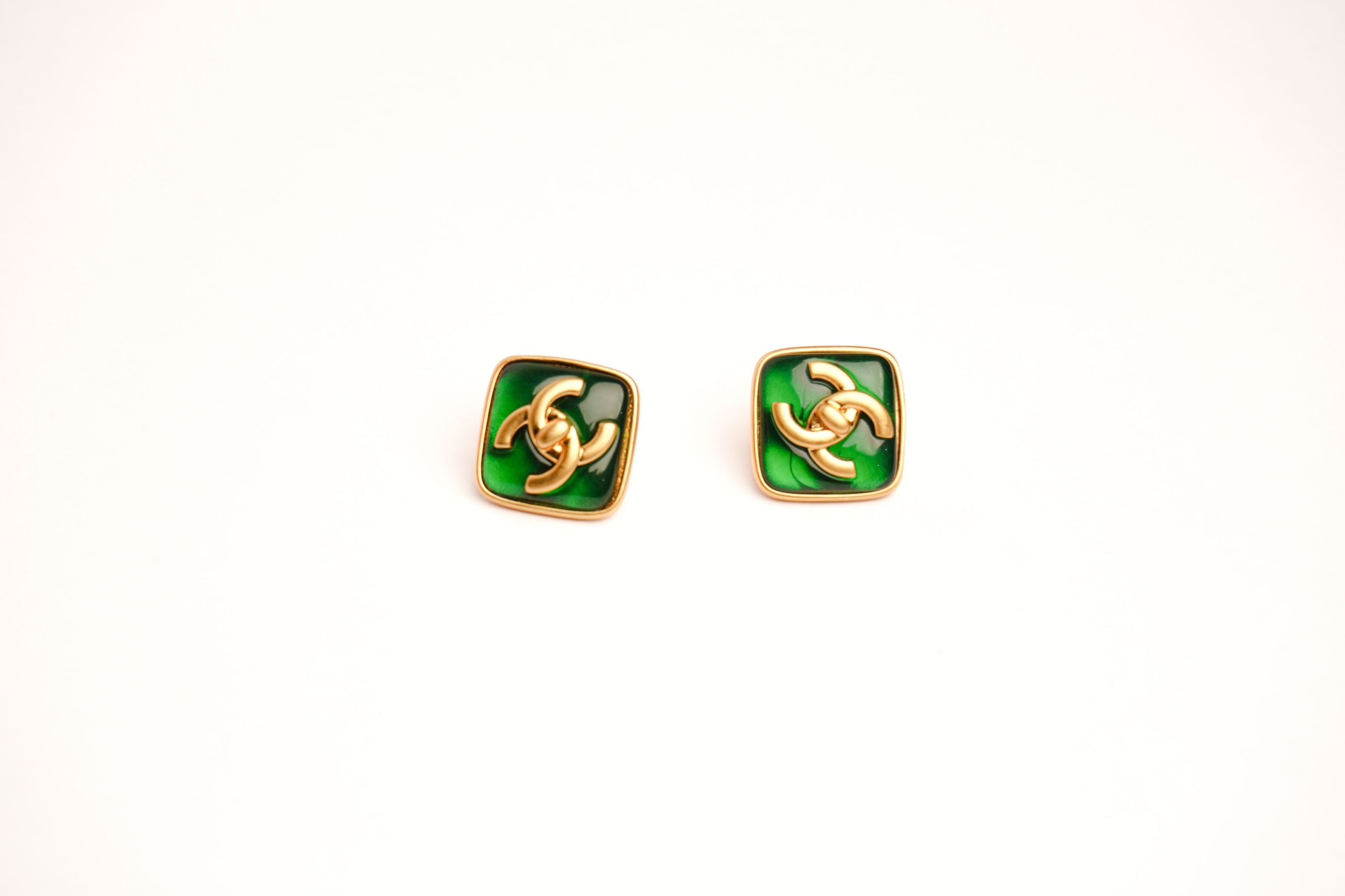 Double C Green Stone Square Studs in Matt Gold | Fashion Earrings