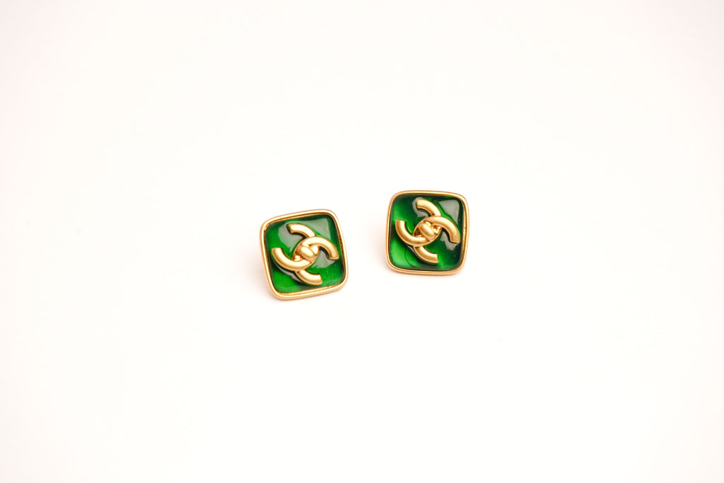 Double C Green Stone Square Studs in Matt Gold | Fashion Earrings