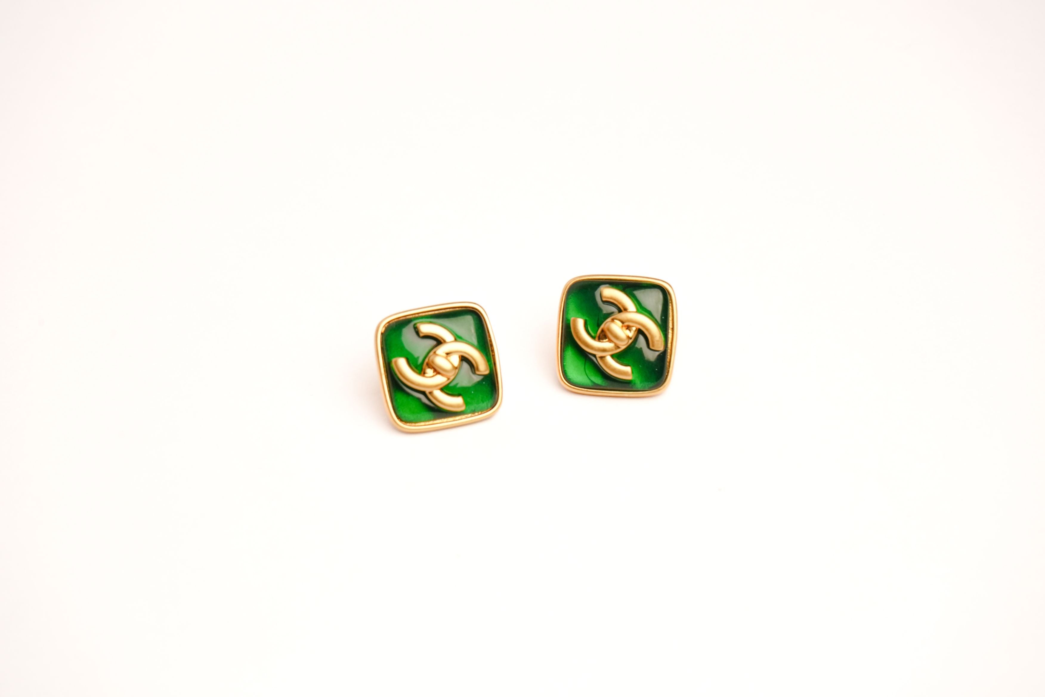 Double C Green Stone Square Studs in Matt Gold | Fashion Earrings