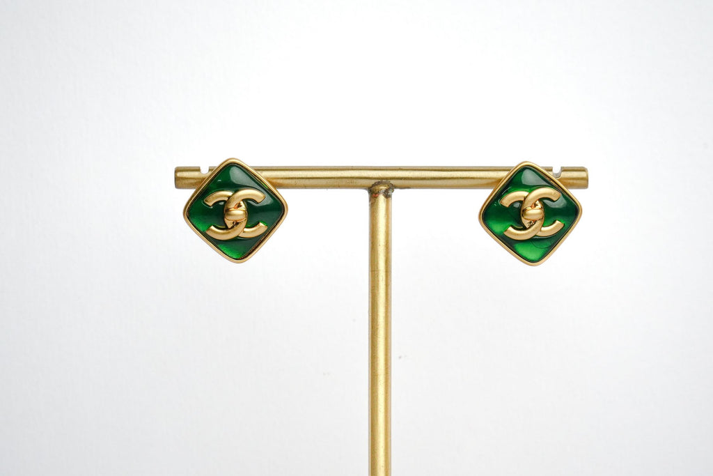 Double C Green Stone Square Studs in Matt Gold | Fashion Earrings