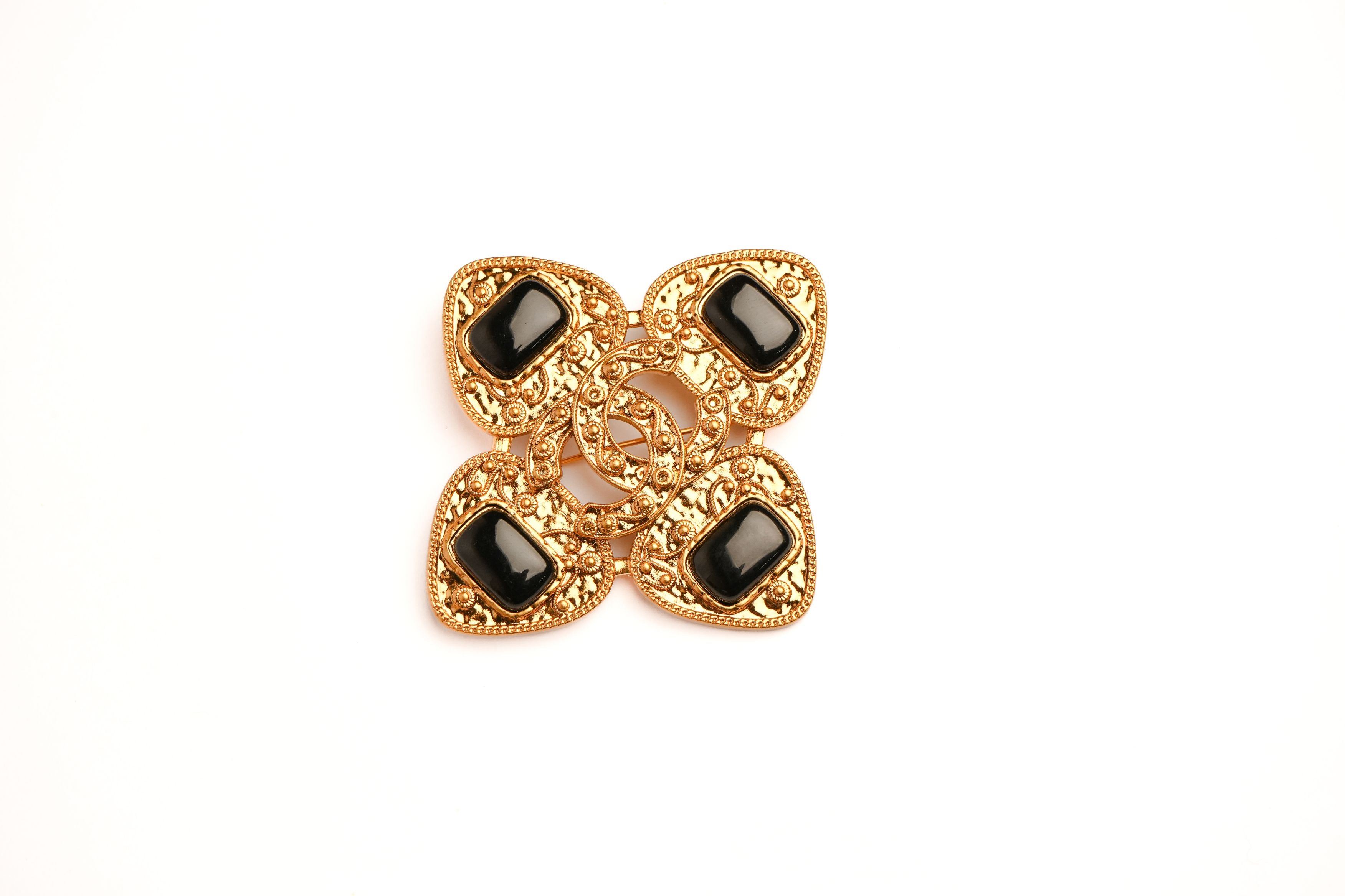 Antique Gold Double C Black Stone Brooch | Designer Inspired Fashion Pin